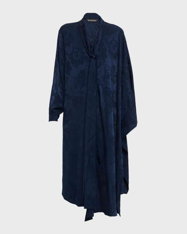Floral Jacquard Long-Sleeve Maxi Scarf Dress